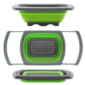 Strecuratoare pliabila din silicon cu manere extensibile, sita cu manere pentru chiuveta spalat fructe si legume/scurs paste, silicon, pliabil, manere reglabile, gri-verde, 39 x 26 x 12 (manere pliate), L 60 (manere extinse)
